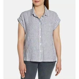 Orvis Size Small Striped Linen Blend Short Sleeve Button Shirt Top Blue White